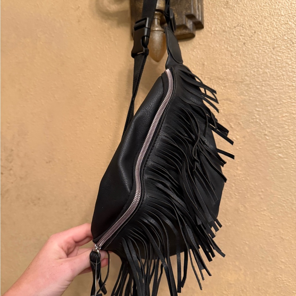 Black Suede Crossbody Bag with Fringe